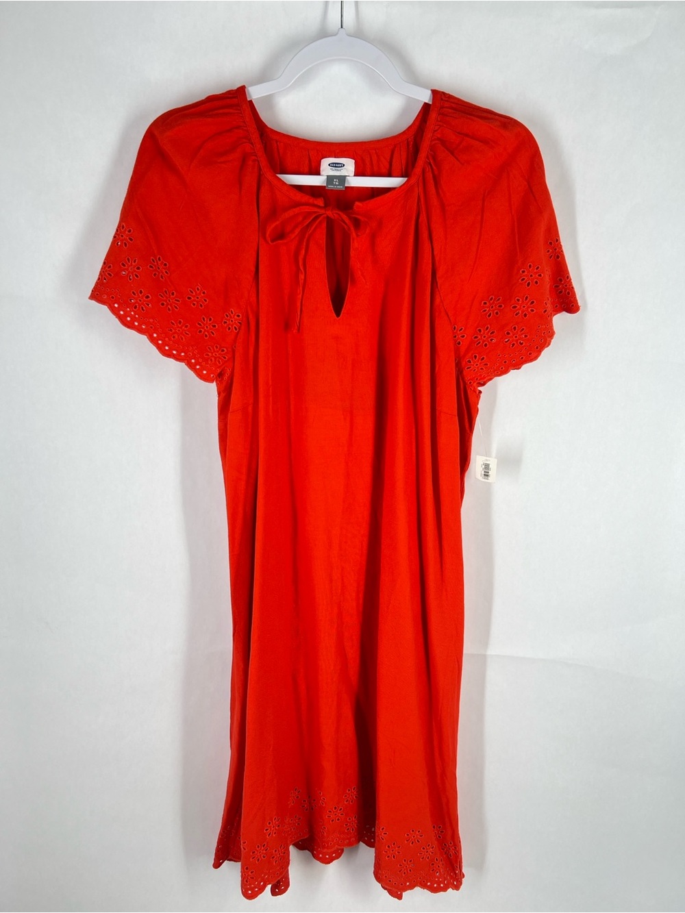 Old Navy Red Orange Eyelet Embroidered Tie Neck Swing Dress XL NWT